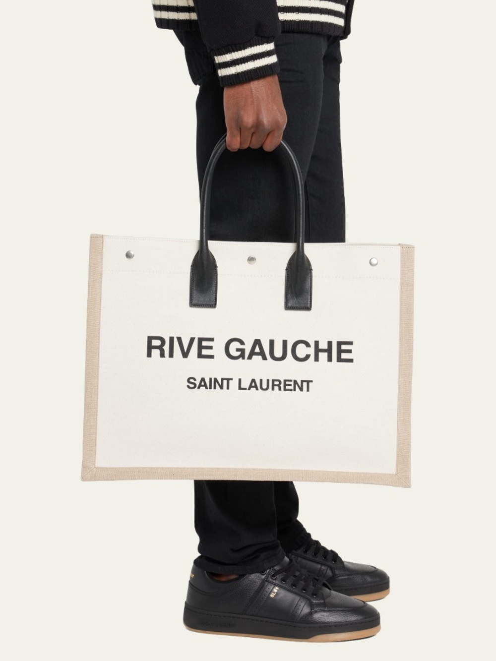 Saint Laurent YSL Rive Gauche White Black Canvas Logo Leather Tote Bag